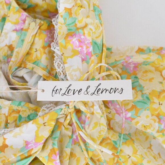 For Love & Lemons Yellow Tamra Dress with Florals & Ruffle Mini Dress M - Picture 12 of 13